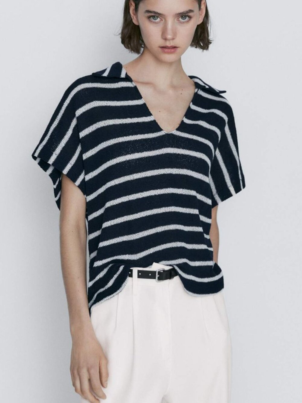 Massimo Dutti Textured Striped Cotton Blend V Neck Polo Shirt